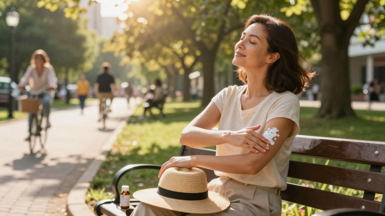 Mulher sentada em banco de parque aplicando protetor solar nos braços em dia ensolarado.