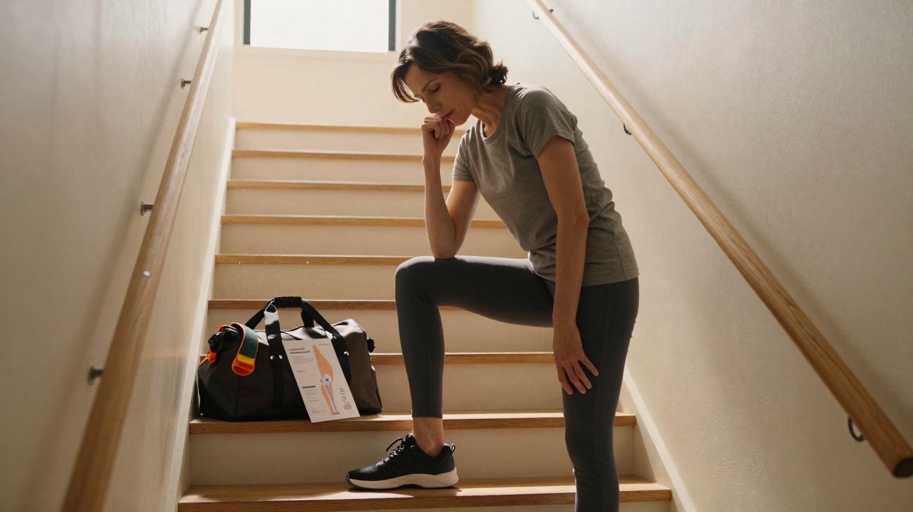 Mulher em roupas esportivas descansa pensativa em escada com bolsa e equipamento de ginástica ao lado.