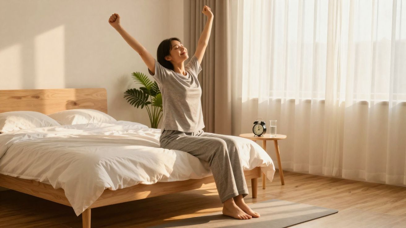 Mulher sentada na cama se espreguiçando com luz natural entrando pela janela em quarto minimalista.