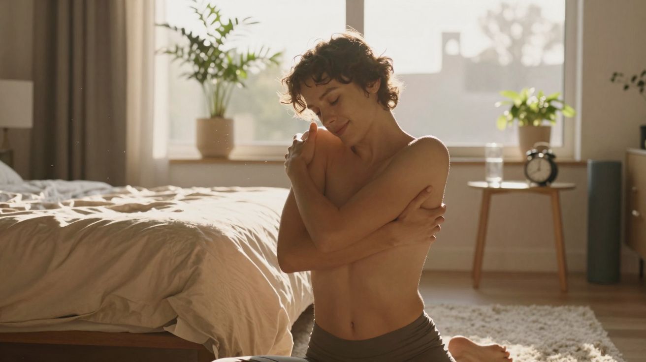 Mulher sorrindo abraçando os ombros, sentada no chão de quarto iluminado pelo sol da manhã.