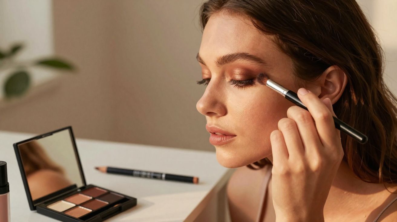 Mulher aplicando sombra marrom nos olhos com pincel, com paleta de maquiagem ao lado.