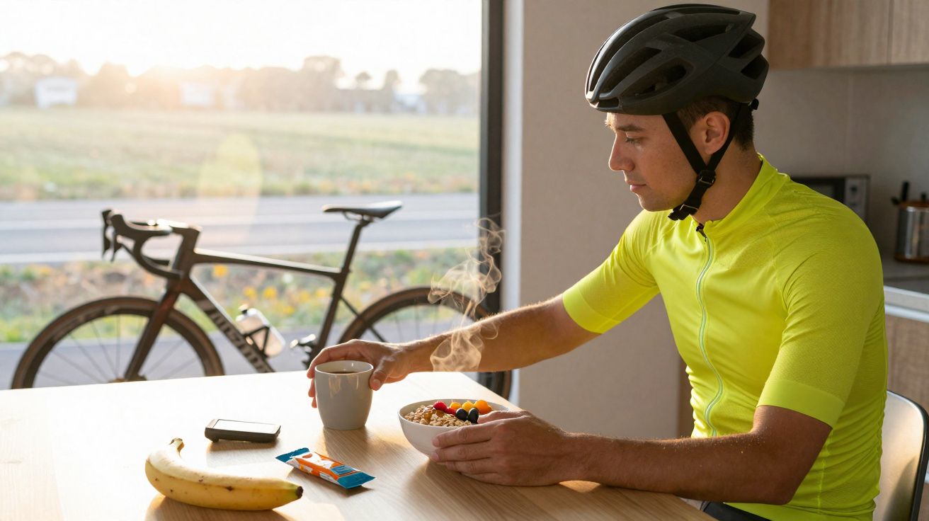 Ciclista usando capacete e camisa amarela tomando café da manhã com bicicleta ao fundo.