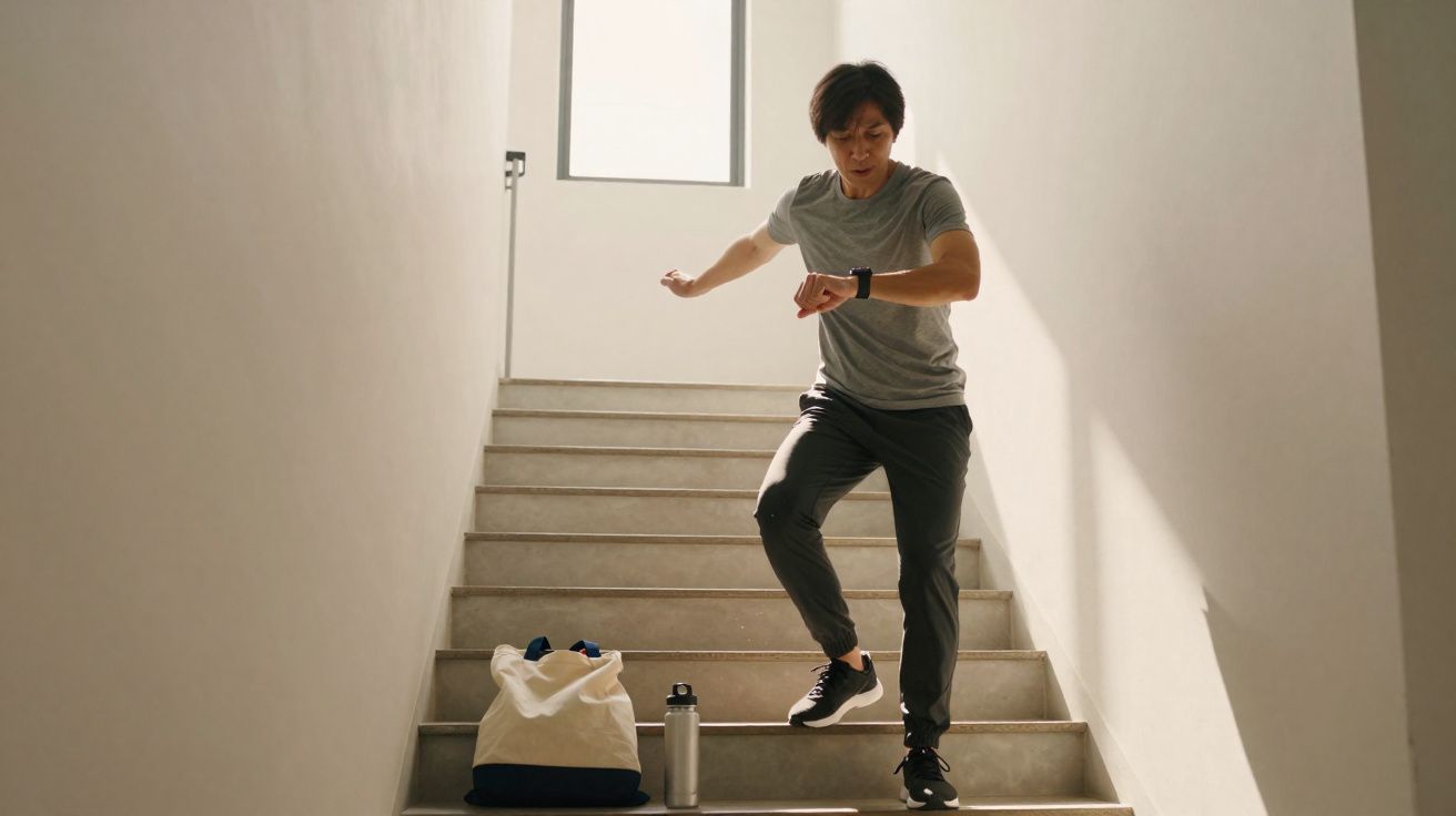 Homem descendo escada interna conferindo relógio, com bolsa e garrafa ao lado no degrau.