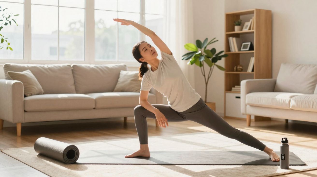 Mulher praticando yoga em estúdio iluminado, sobre tapete cinza com garrafa d’água ao lado.