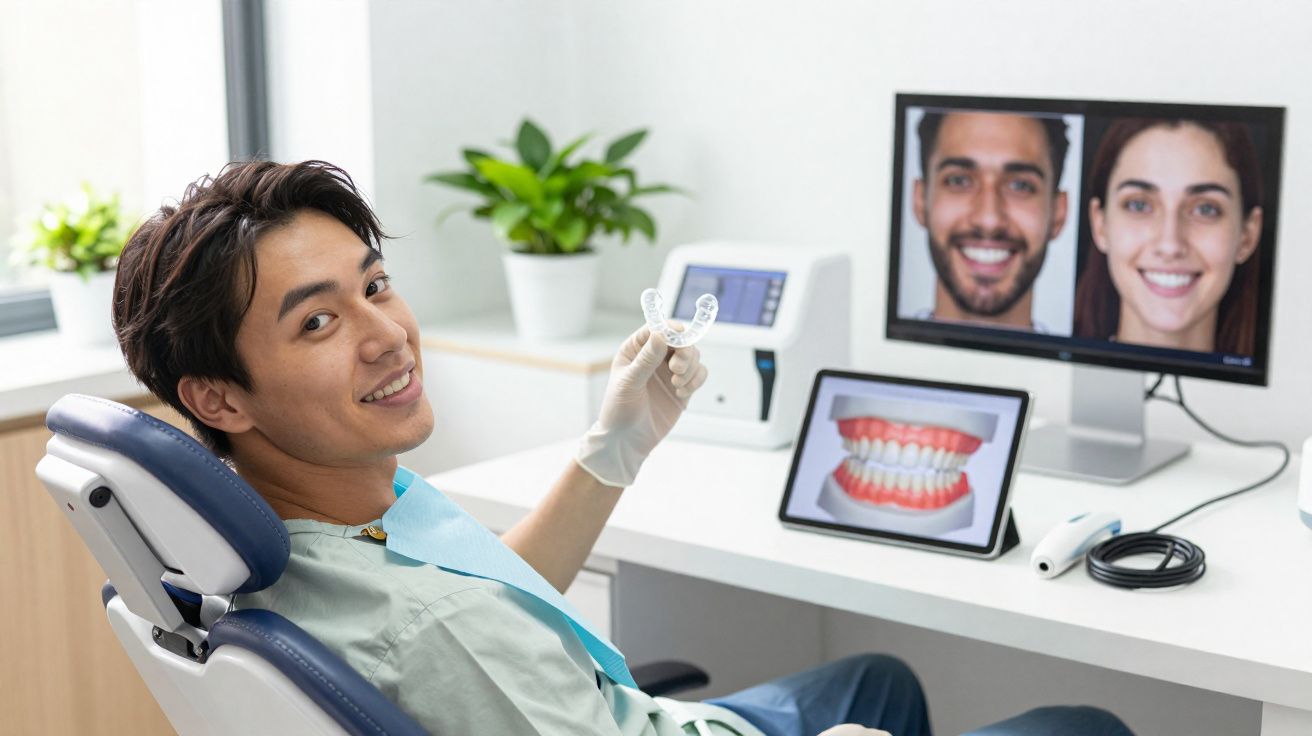 Paciente sorridente segurando moldeira transparente em consultório odontológico com imagens de dentes no computador.