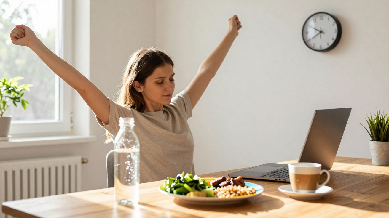 Mulher alongando os braços sentada à mesa com laptop, comida saudável e bebida em ambiente iluminado.
