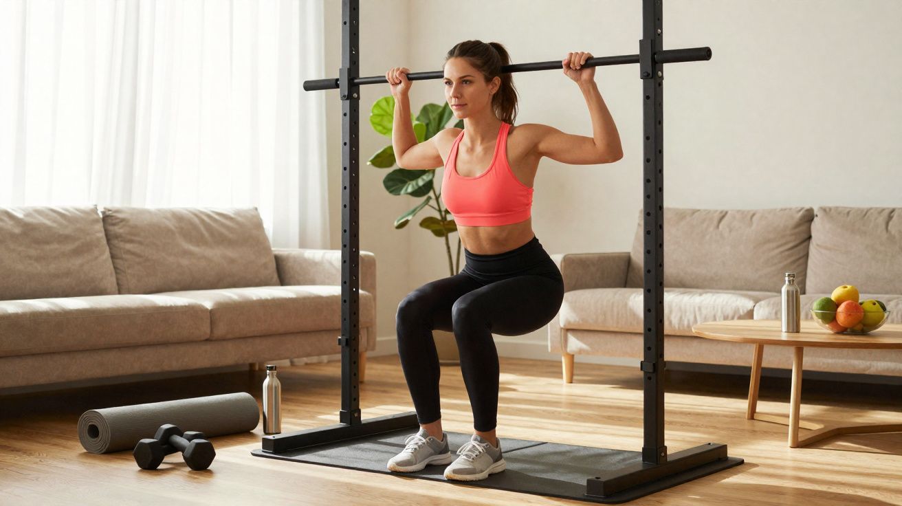 Mulher fazendo agachamento com barra em casa, com sofá, halteres e tapete ao redor.