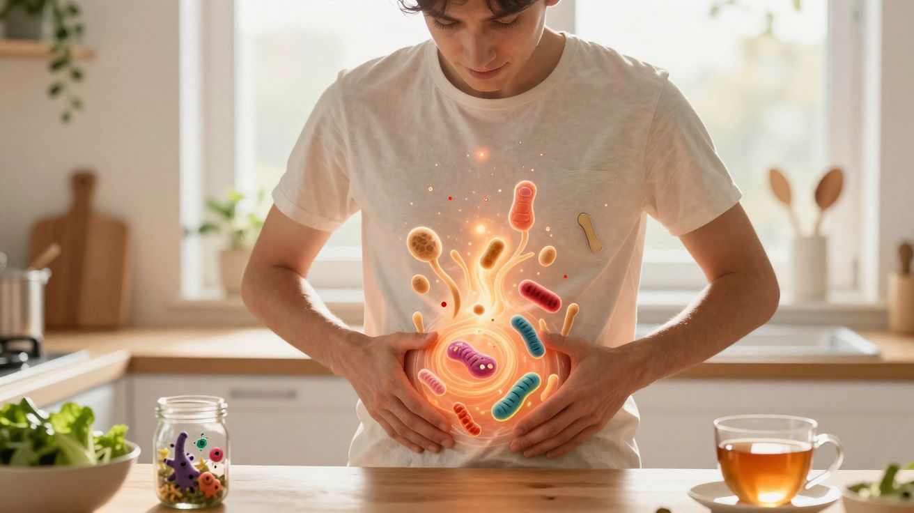 Jovem segurando barriga com ilustração digital de bactérias coloridas no estômago, em cozinha iluminada.
