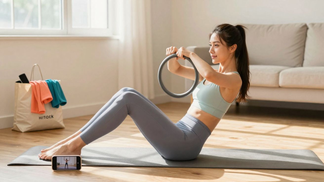 Mulher fazendo exercícios com anel Pilates em tapete em sala iluminada, com celular apoiado no chão.
