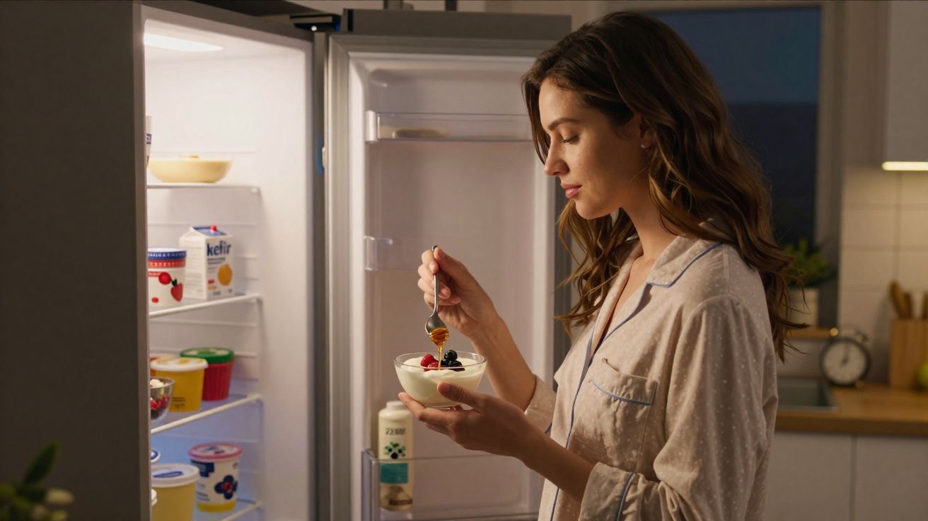 Mulher de pijama se serve iogurte com frutas em frente à geladeira aberta em uma cozinha iluminada.