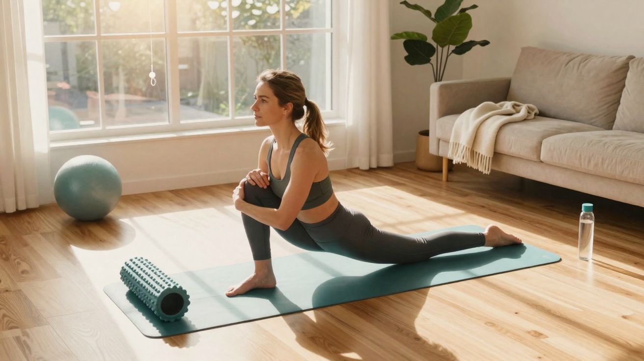 Mulher fazendo alongamento em tapete de yoga em sala iluminada com bola, rolo de espuma e garrafa d’água.