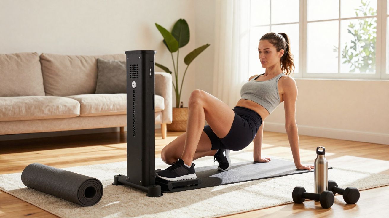 Mulher fazendo exercício com equipamento de fitness em sala iluminada, com tapete, halteres e garrafa.