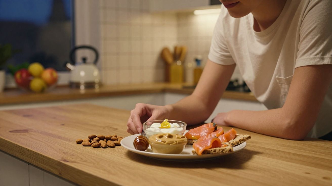 Pessoa em cozinha com prato contendo salmão, iogurte, amêndoas, mel e pasta de amendoim sobre bancada de madeira.