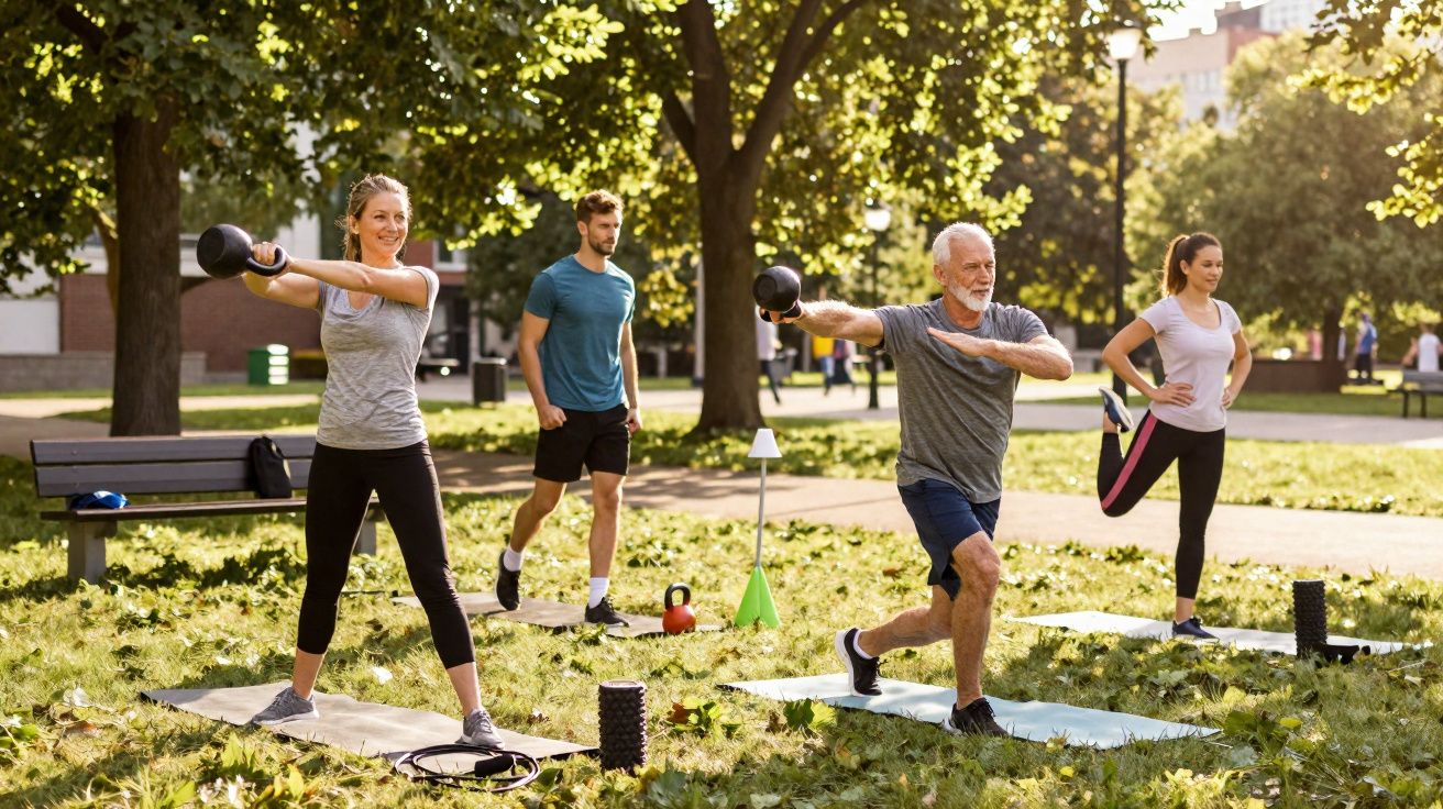 Grupo diverso faz exercício com kettlebell em parque ensolarado, com árvores e bancos ao redor.