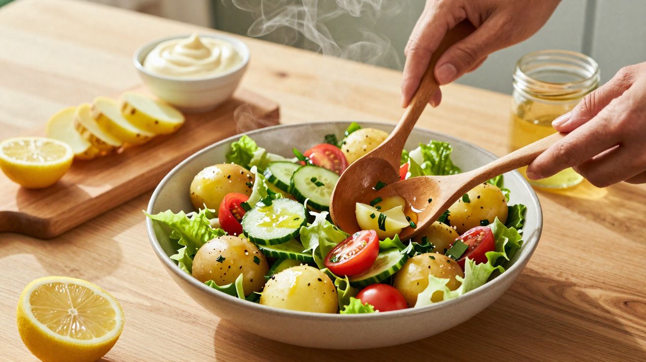 Salada com batatas quentes, tomate, pepino e alface sendo servida com colheres de madeira.