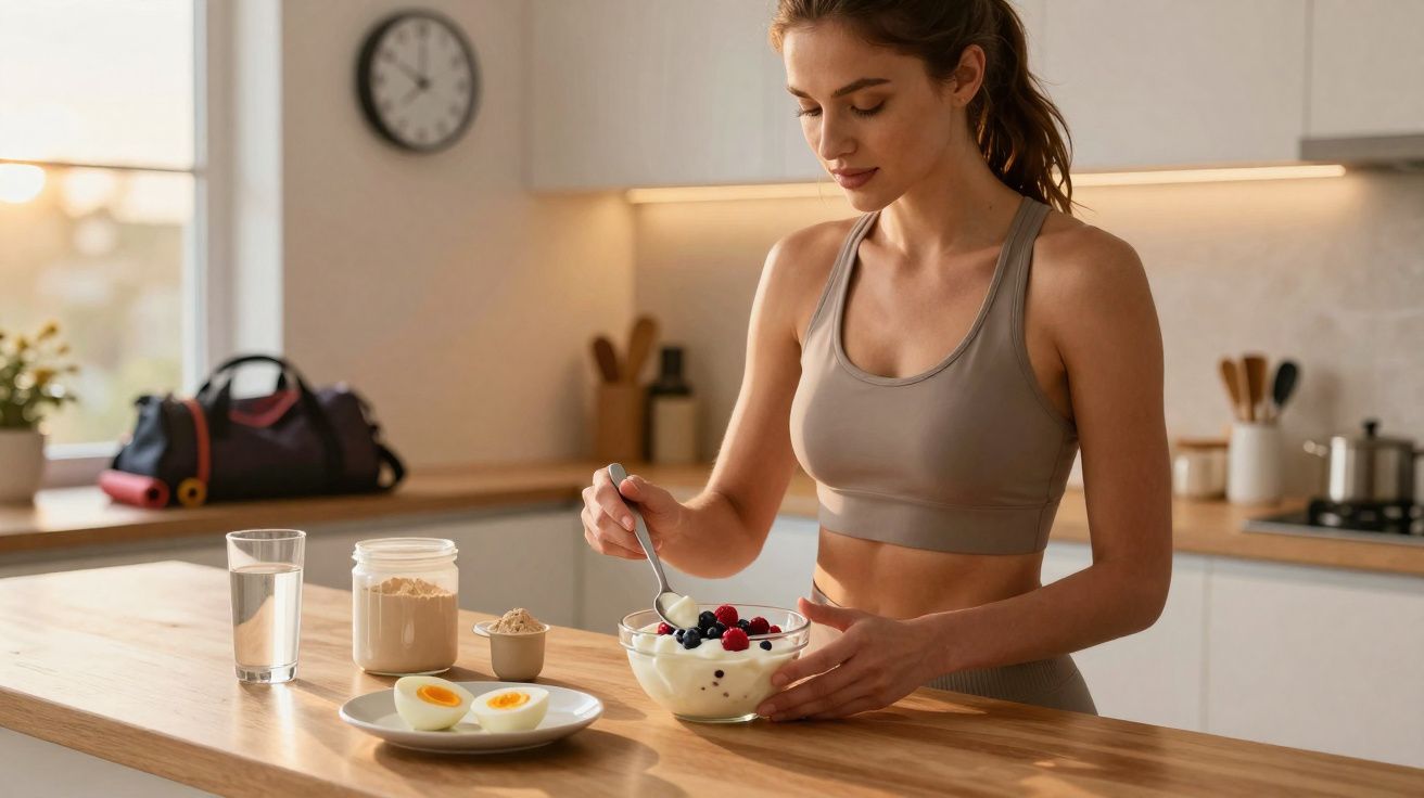 Mulher em roupa esportiva comendo iogurte com frutas na cozinha moderna durante o dia.