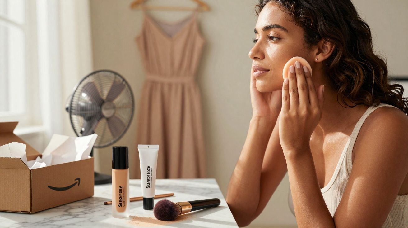 Mulher aplicando maquiagem com esponja, ao lado de produtos de beleza em mesa de mármore.