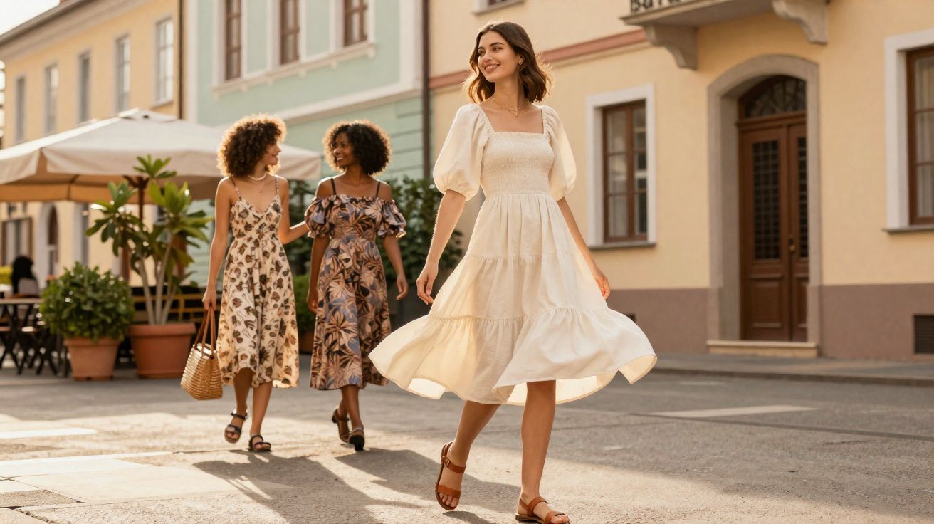 Três mulheres caminhando em rua urbana com vestidos florais e sandálias, sorrindo e aproveitando o dia ensolarado.