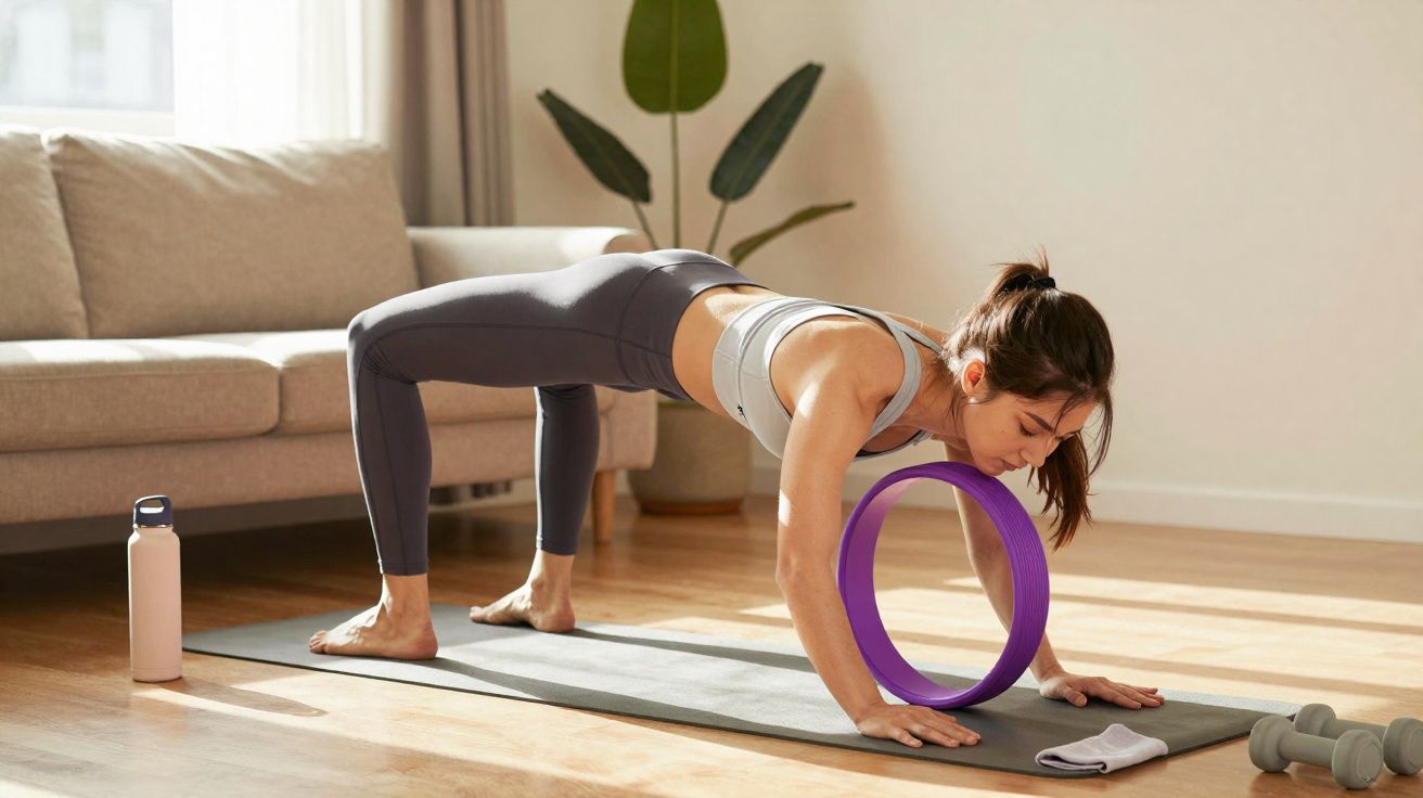Mulher fazendo exercício de ponte com roda de yoga em sala com sofá, garrafa e halteres.