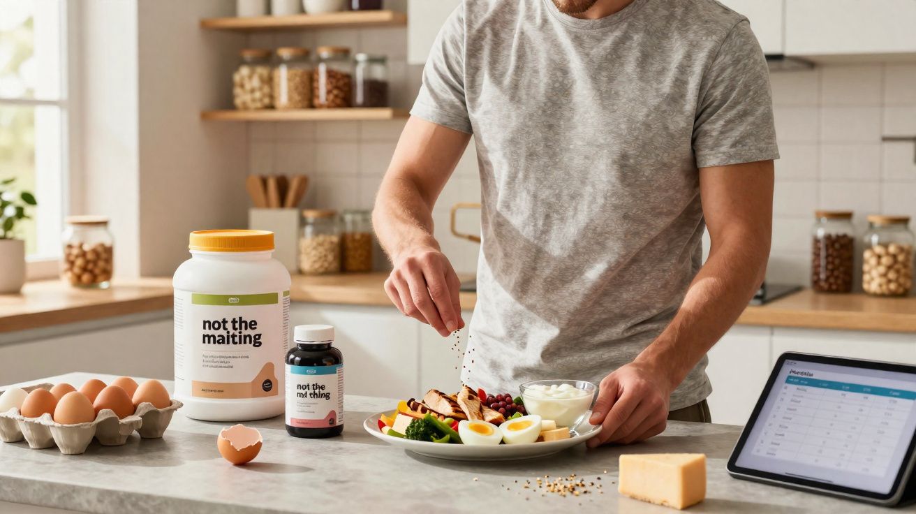 Homem temperando salada com ovos cozidos na cozinha, ao lado de potes de suplementos e ipad.