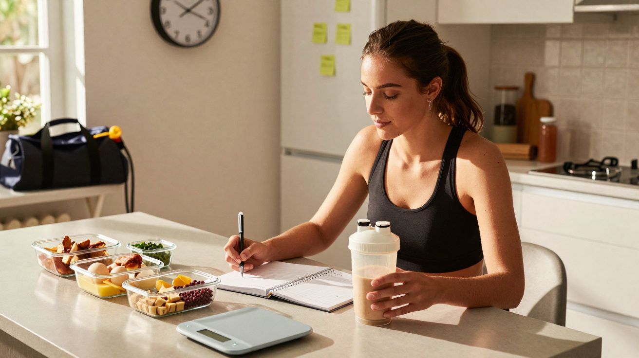 Mulher em roupa fitness anotando cardápio nutricional na cozinha com alimentos saudáveis e shake proteico.