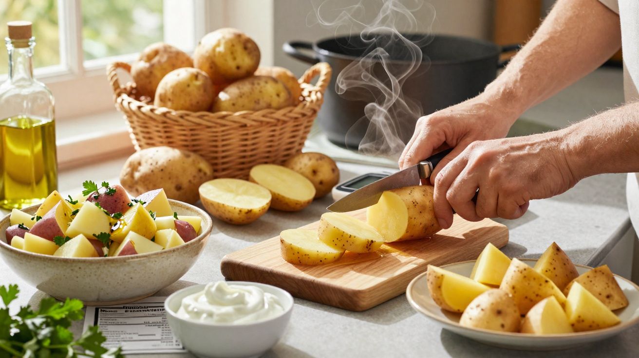 Pessoa cortando batata fresca em cubos na cozinha com cesta e pratos ao redor e vapor saindo da batata.
