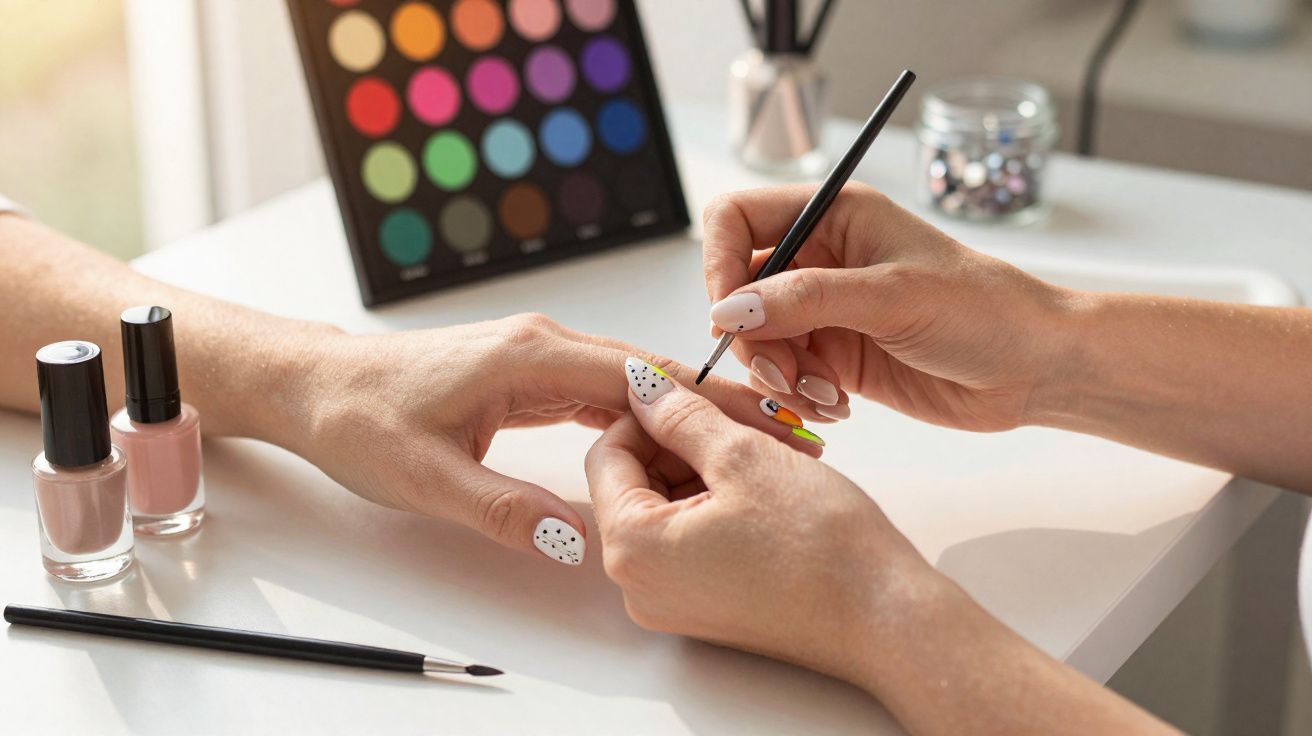 Mãos femininas com unhas decoradas sendo pintadas à mão com pincel e esmaltes em tom nude ao lado.