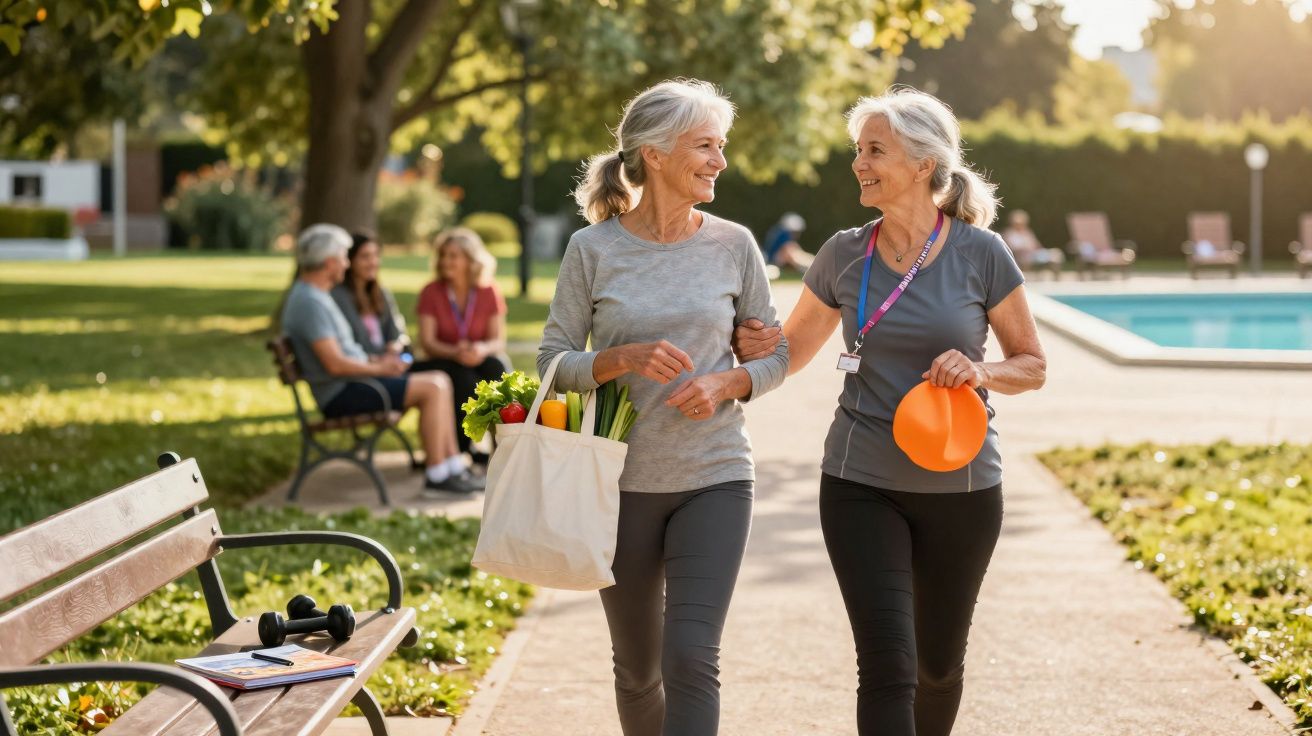 Duas mulheres sêniores caminhando no parque, uma com sacola de compras e a outra com apito.