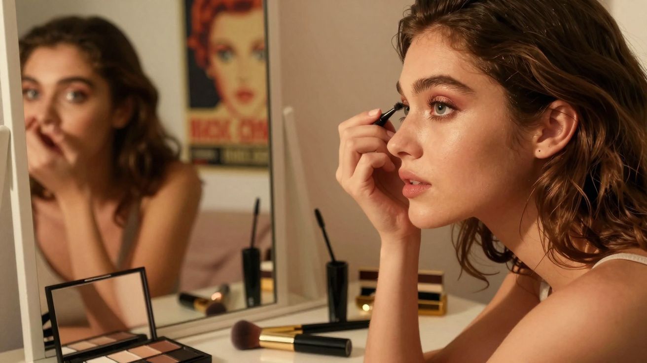 Mulher aplicando delineador nos olhos enquanto se olha no espelho de uma penteadeira com maquiagem.