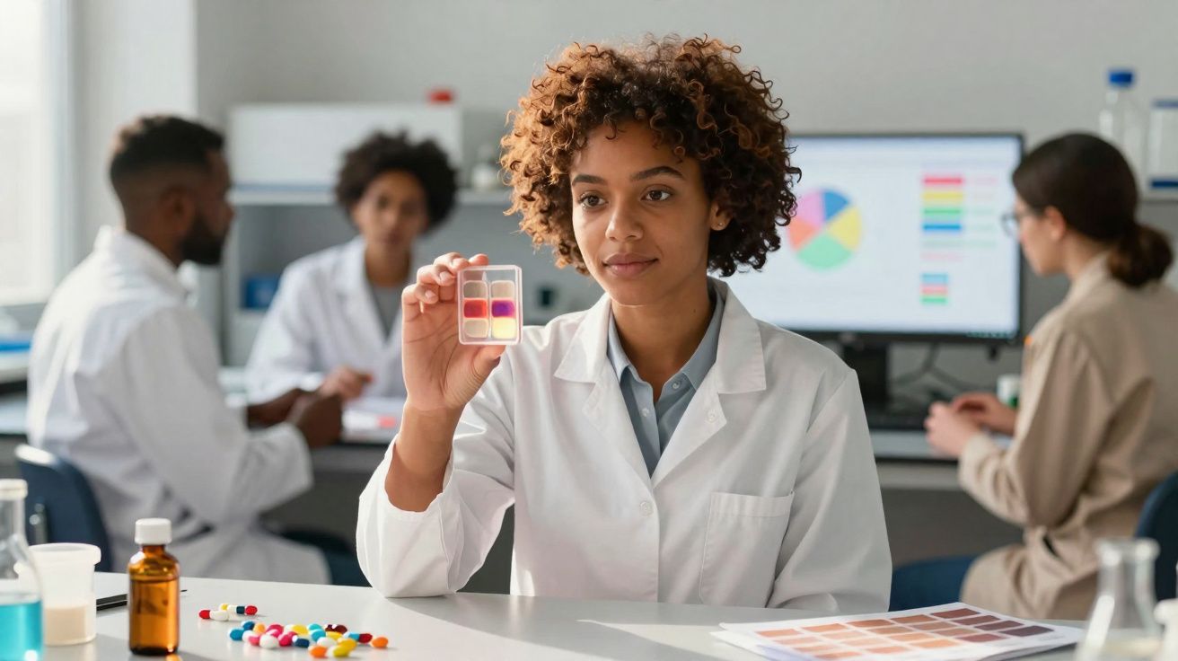 Mulher cientista analisando amostras coloridas em laboratório com colegas ao fundo.