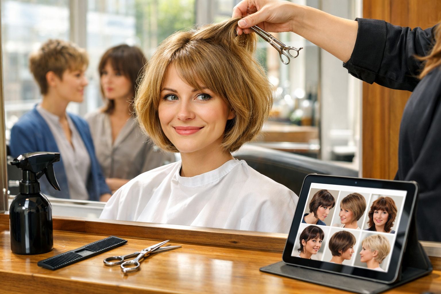 Mulher sorrindo no salão de beleza enquanto recebe corte de cabelo, com tablet exibindo estilos diversos.