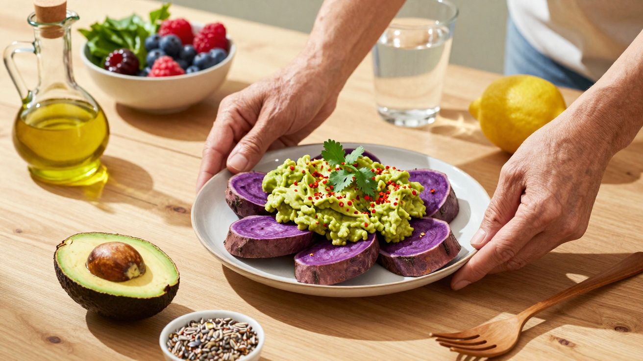 Prato com batata-doce roxa fatiada coberta com guacamole e sementes, mãos segurando o prato sobre mesa de madeira.