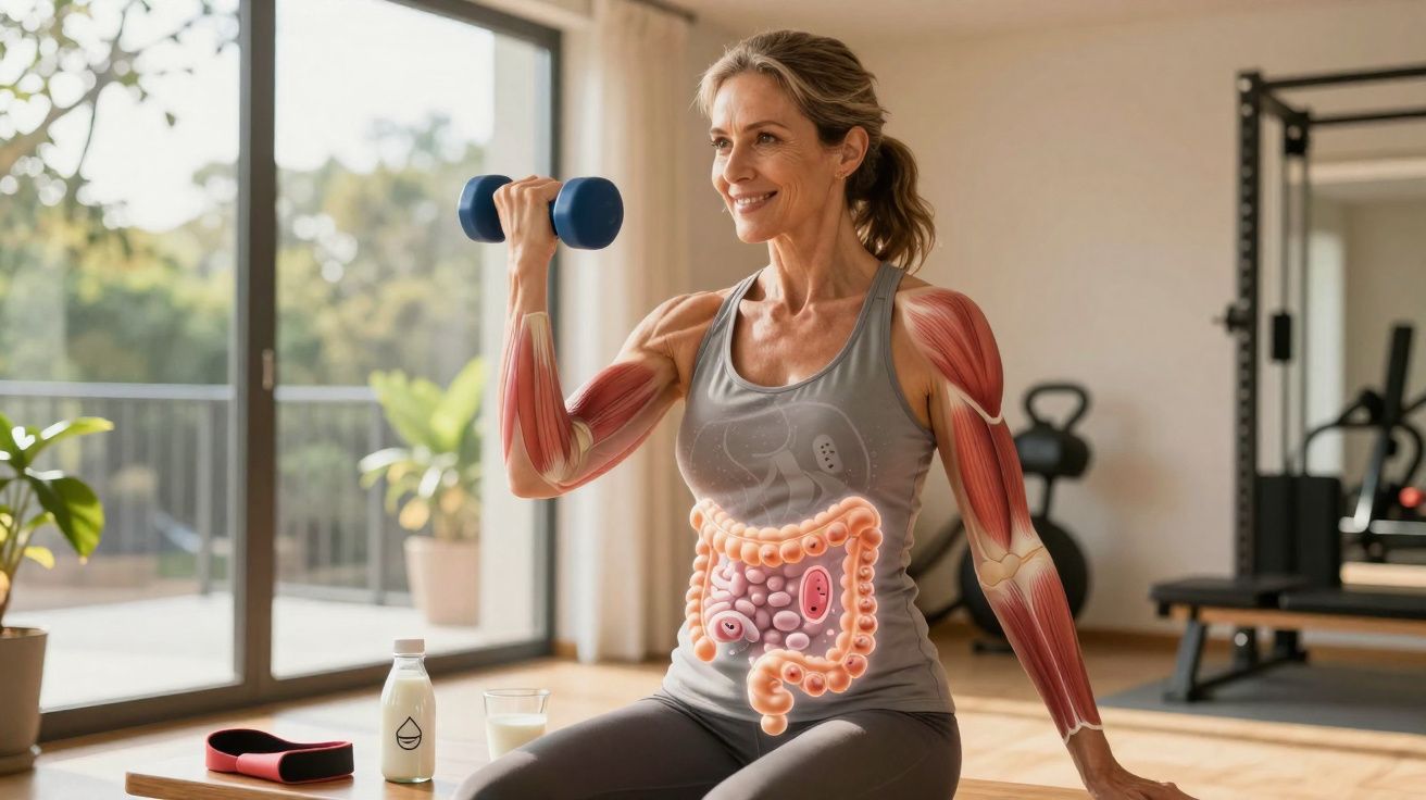 Mulher fazendo exercício com halteres em casa com músculos e intestino destacados digitalmente.
