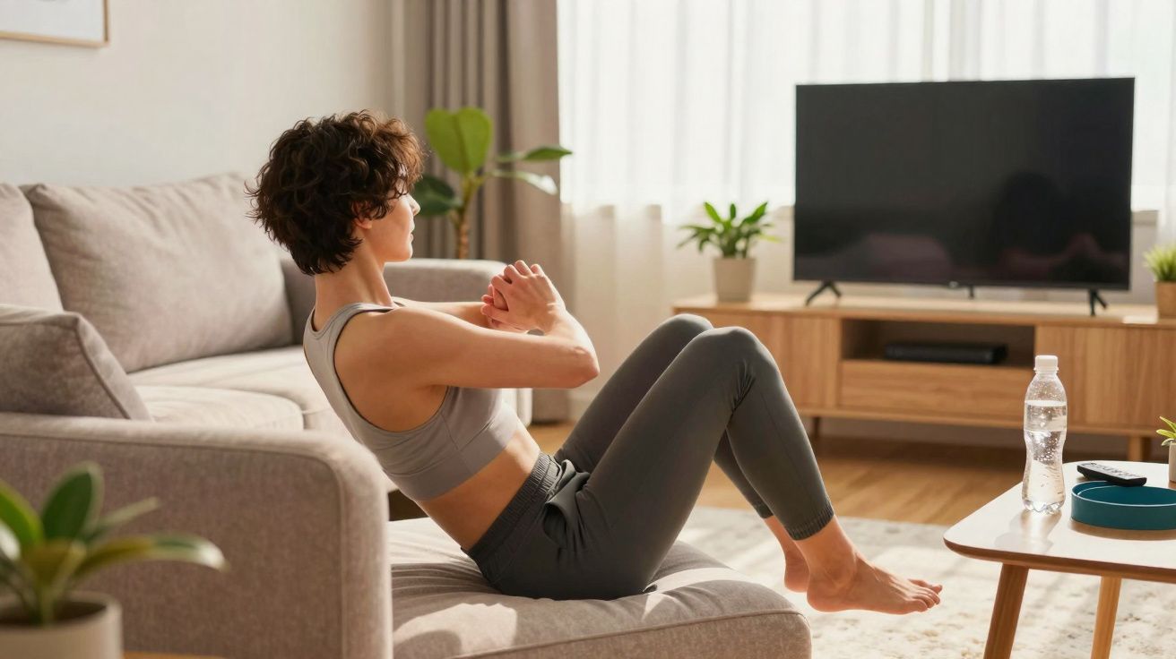 Mulher fazendo exercício abdominal na sala de estar, com televisão apagada ao fundo e garrafa de água na mesa.