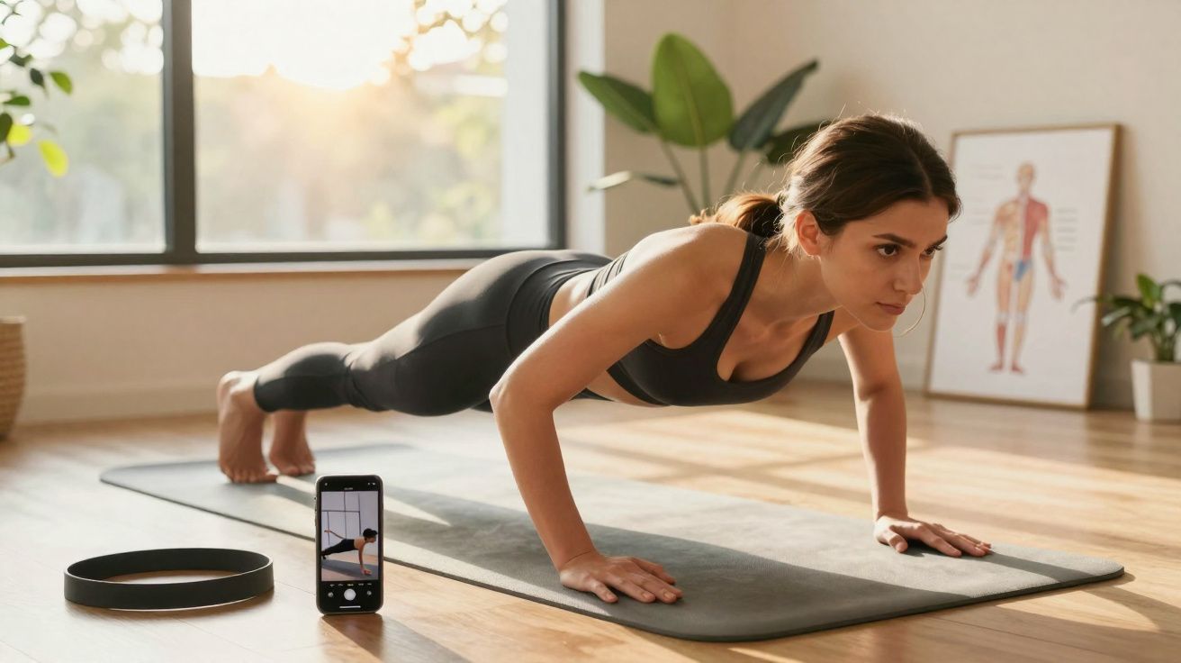 Mulher fazendo flexão em tapete de yoga, com celular gravando e ambiente iluminado pela luz natural.