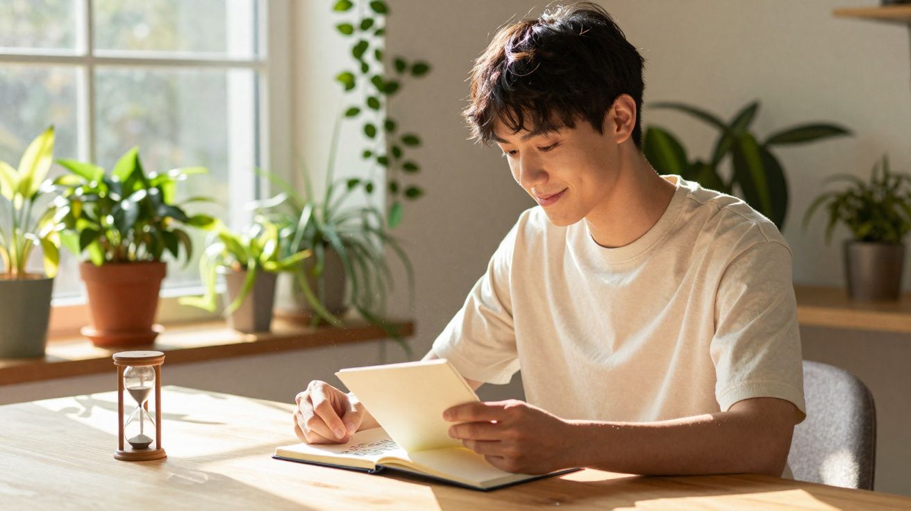 Jovem sorridente lendo livro em ambiente iluminado com plantas e ampulheta na mesa de madeira.