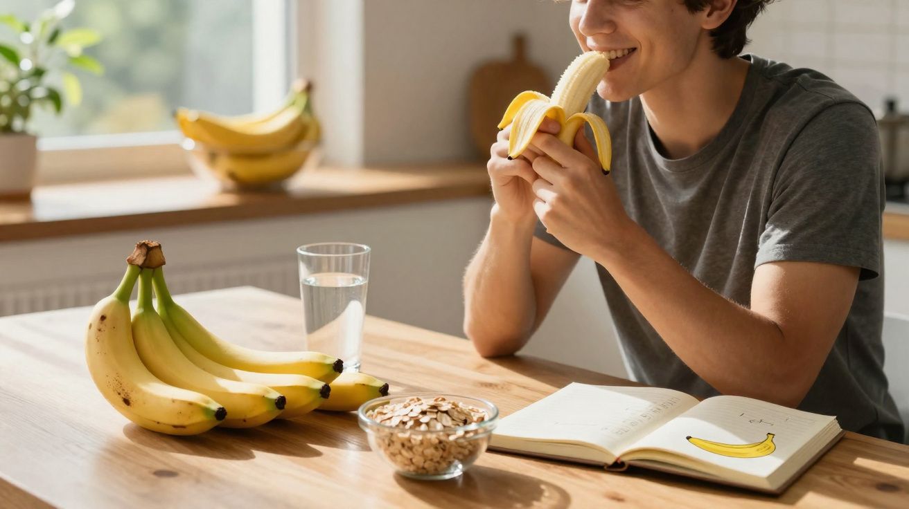 Pessoa sorrindo comendo banana descascada em cozinha com caderno, tigela de aveia e copo d'água na mesa.