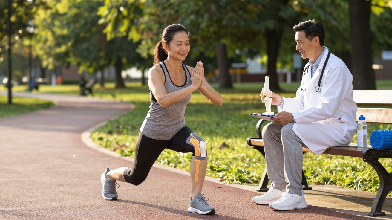 Mulher fazendo exercício de alongamento no parque com adesivos de músculos no joelho, médico observa com modelo ósseo.