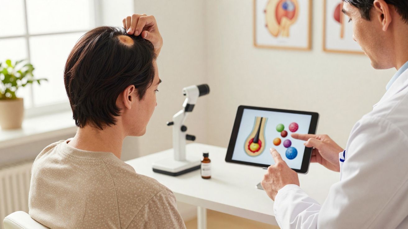 Paciente com calvície consultando dermatologista que mostra imagem de couro cabeludo inflamado em tablet.