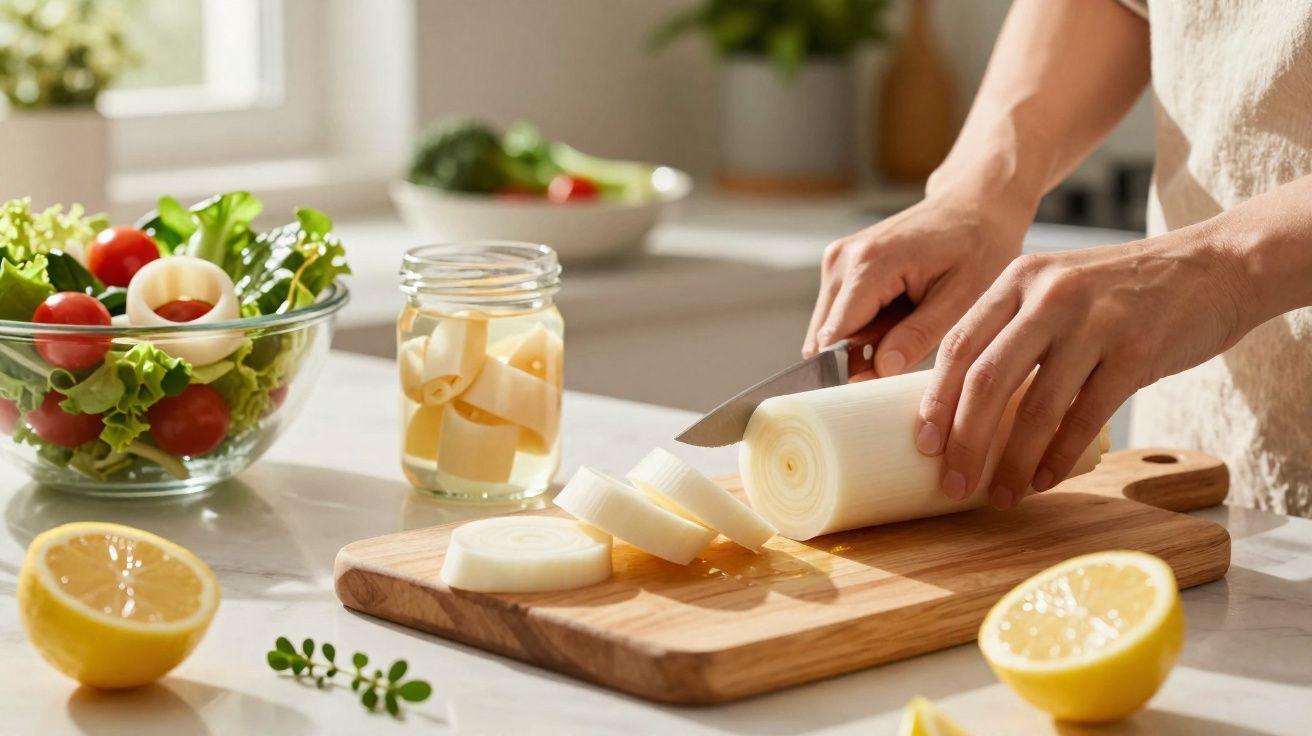 Pessoa cortando alho-poró em tábua de madeira com tigela de salada e limões ao redor em bancada.