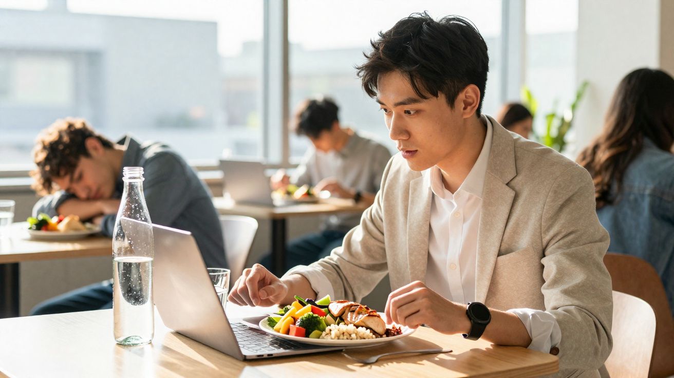 Jovem em restaurante usando laptop e vestindo blazer bege, com prato de comida saudável à frente.