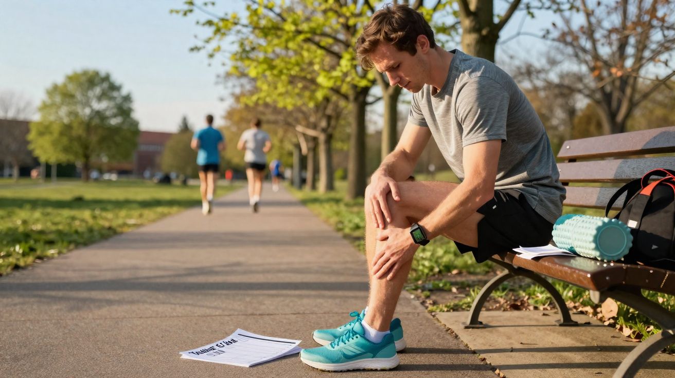 Homem sentado em banco de parque segurando o joelho, aparentando dor após corrida, com dois corredores ao fundo.