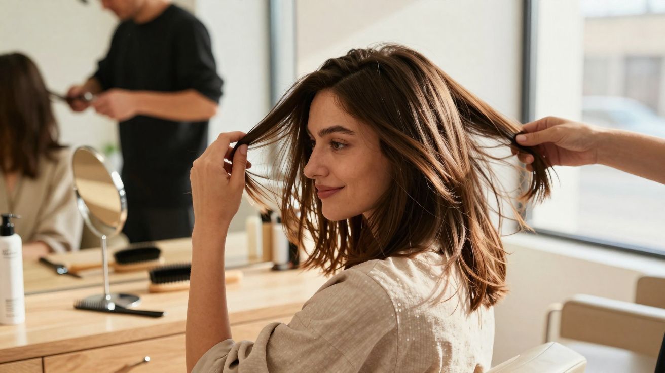 Mulher sorrindo sentada em salão enquanto cabeleireiro ajeita seu cabelo castanho e ondulado.