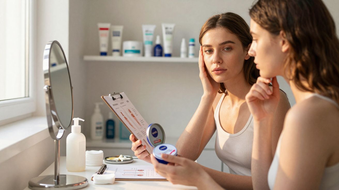 Mulher analisando pele no espelho e segurando creme facial enquanto lê informações em prancheta.