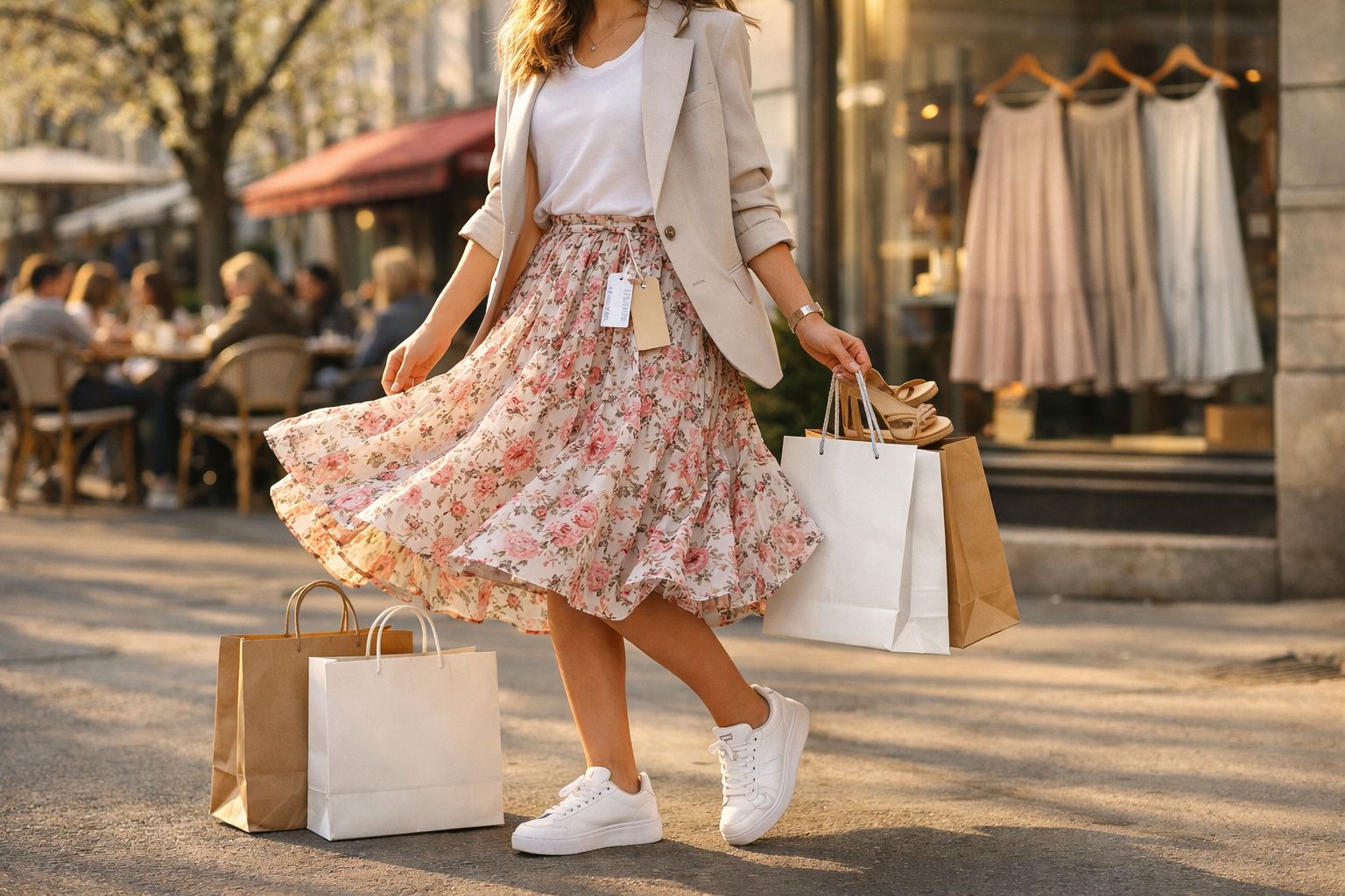 Mulher vestindo saia floral e blazer bege, carregando sacolas de compras e calçados em área externa.