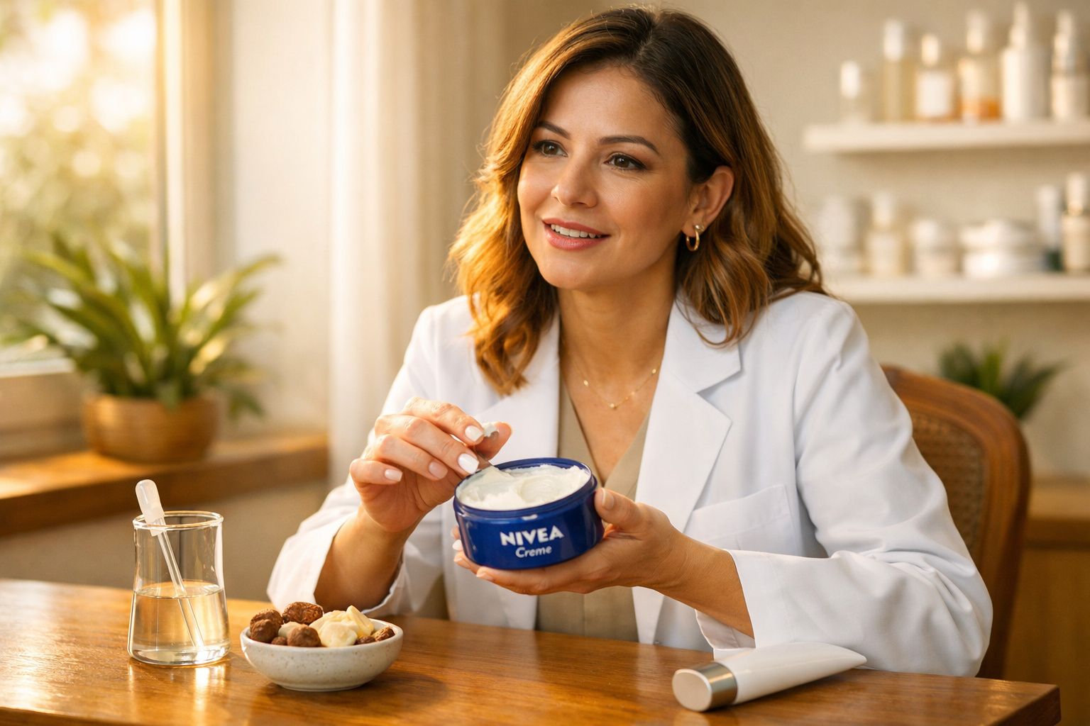 Mulher sorridente vestindo jaleco branco segurando pote de creme Nivea em ambiente com plantas.