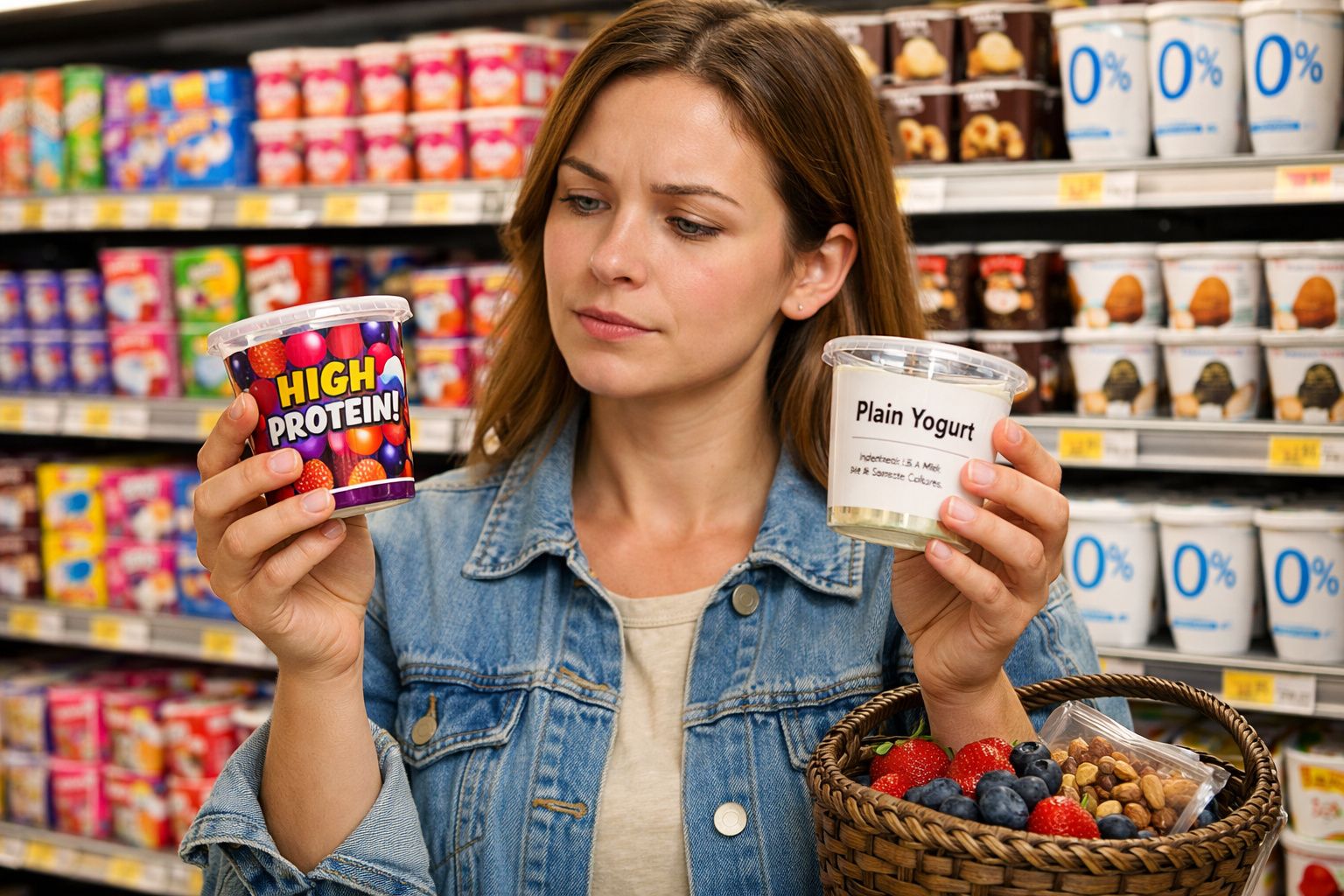 Mulher em supermercado comparando dois potes de iogurte, um com alta proteína e outro natural.