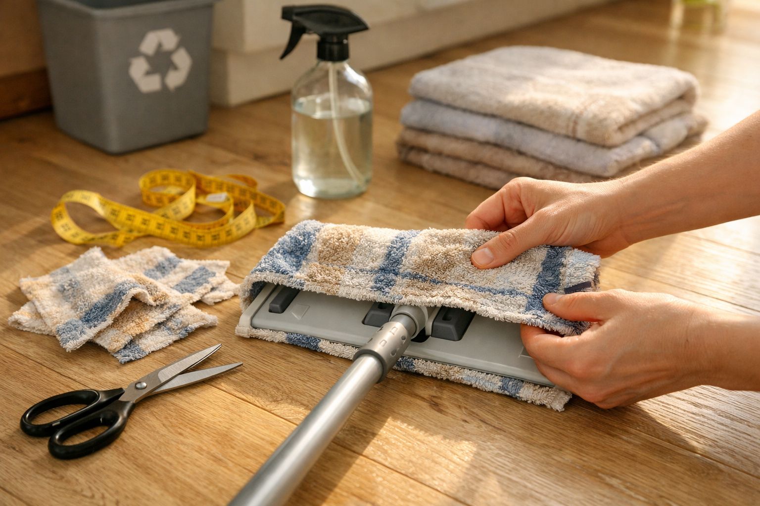 Mãos cobrindo um esfregão com pano listrado, tesoura, fita métrica e borrifador sobre piso de madeira.