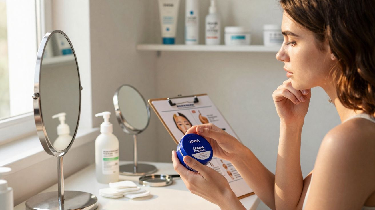 Mulher segurando creme Nivea em ambiente de skincare com espelhos e produtos de beleza à sua frente.