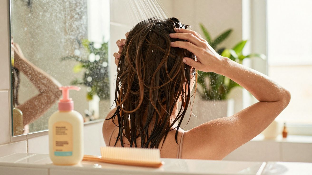Pessoa lavando o cabelo no chuveiro de banheiro com frasco de produto e pente à frente.